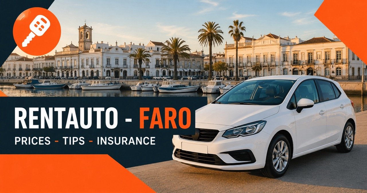 rentauto faro en Rentauto car rental in Faro — Faro marina with a white rental car and orange car-key icon
