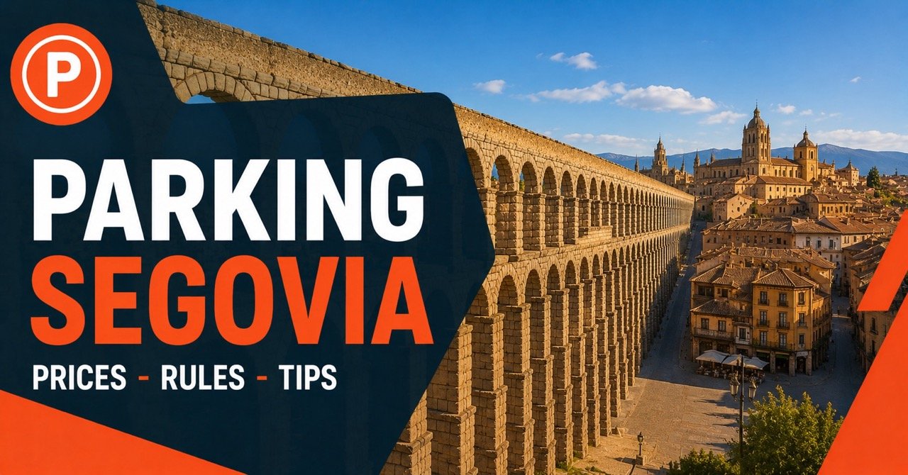 Parking in Segovia — Roman Aqueduct and medieval old town with blue P parking sign