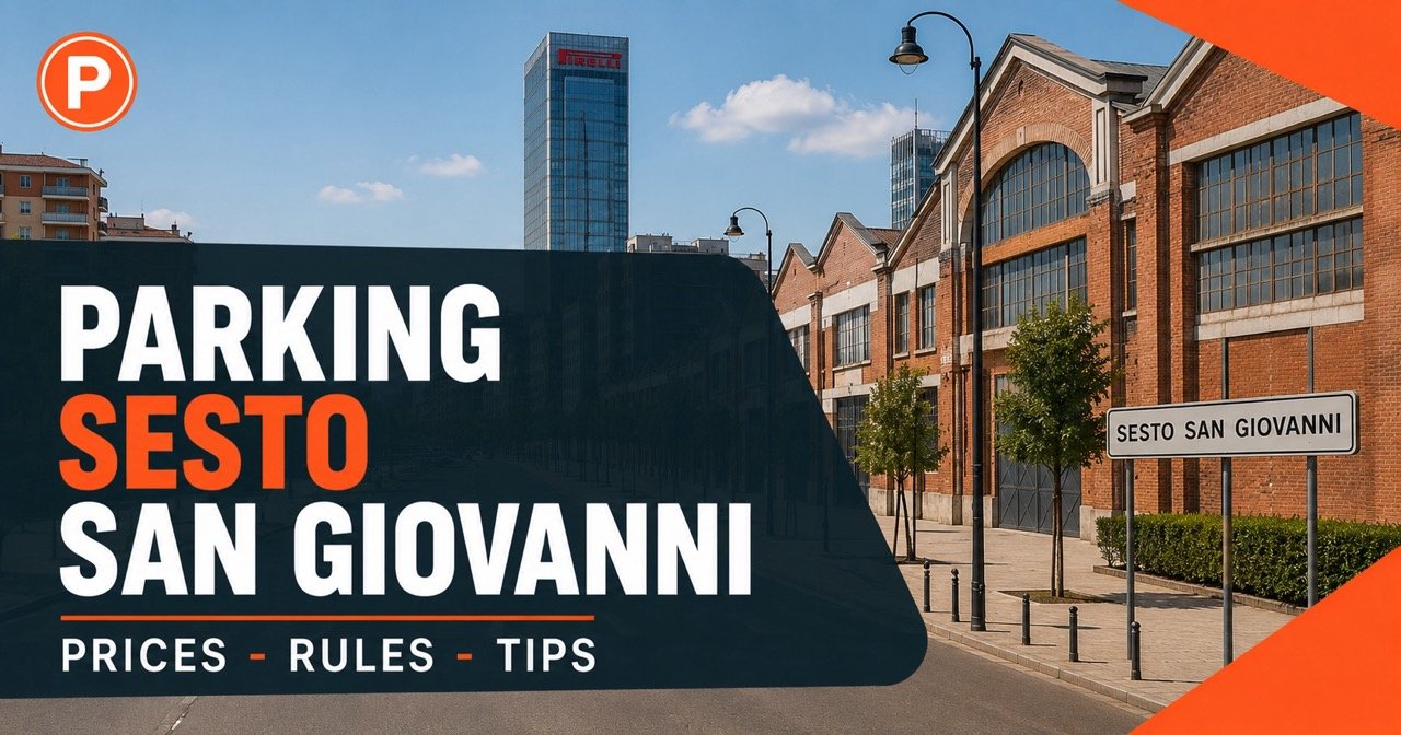 Parking in Sesto San Giovanni Milan — industrial brick warehouses and parked cars line