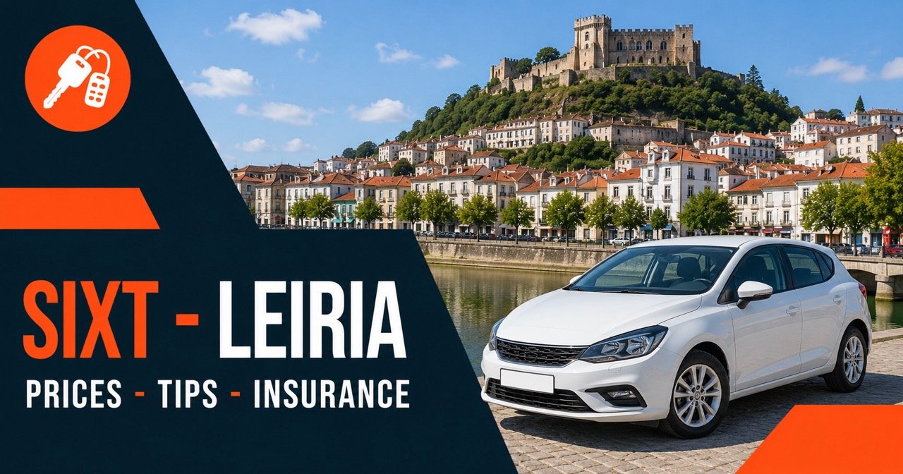 Sixt car rental in Leiria — Leiria riverside and castle with a white rental car and orange car-key icon