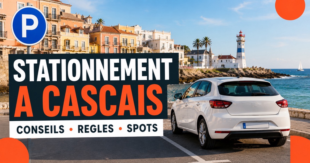 Stationnement à Cascais : front de mer pastel, phare et voiture blanche avec panneau P bleu
