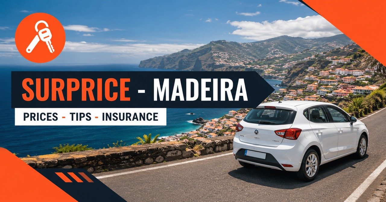 Surprice car rental in Madeira — Funchal coastline with a white rental car and orange car-key icon