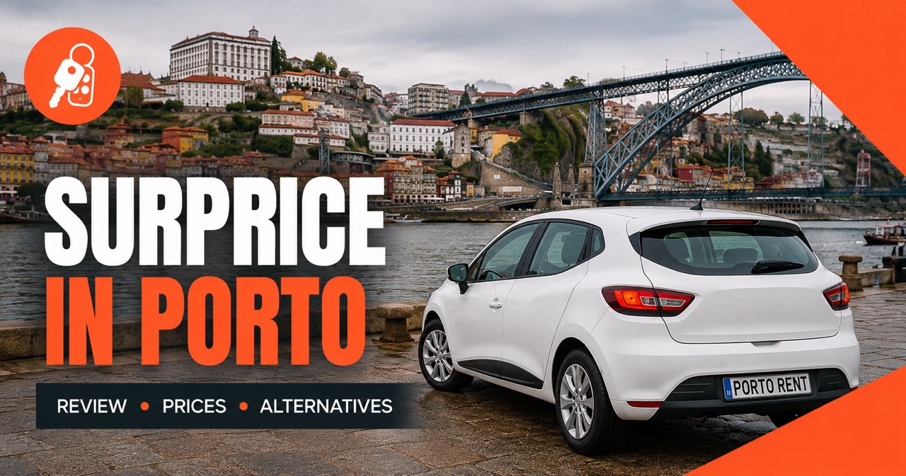 Surprice in Porto: Ribeira waterfront with the Douro river, Dom Luis I bridge in the distance and a white rental car