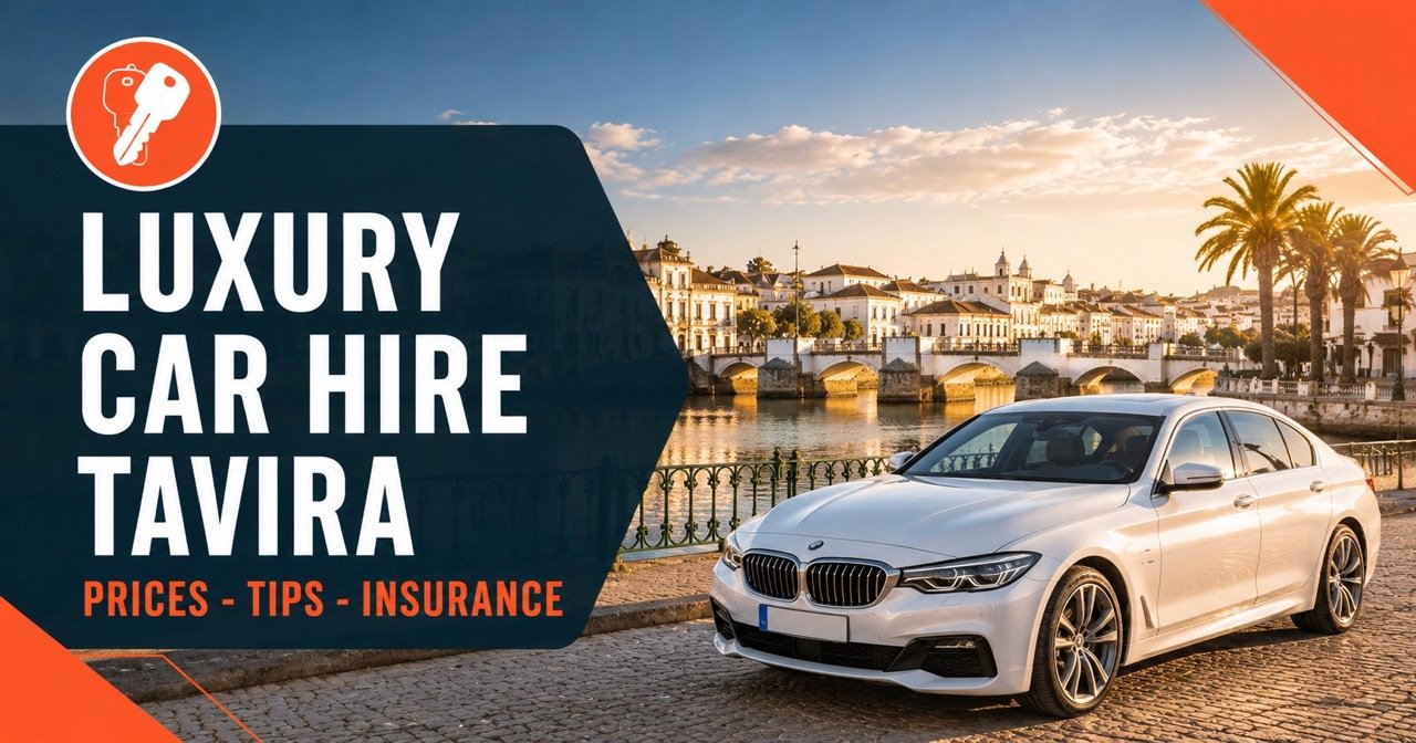 Luxury car hire in Tavira — Moorish bridge over Gilao river with premium white car
