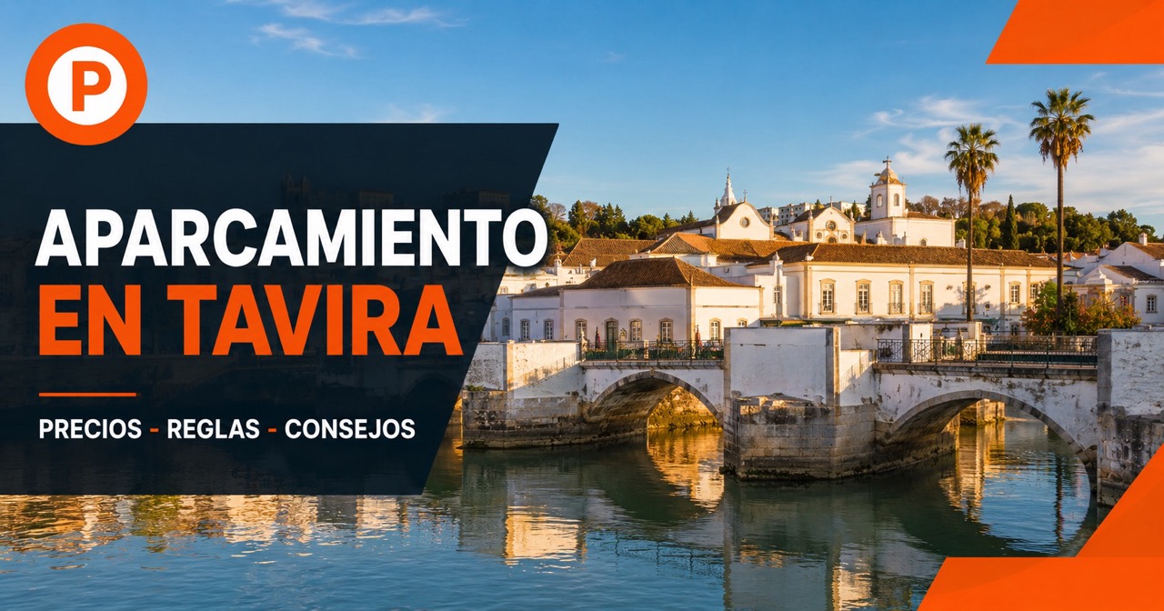 Aparcamiento en Tavira — puente moro sobre el río Gilão con señal P azul de aparcamiento
