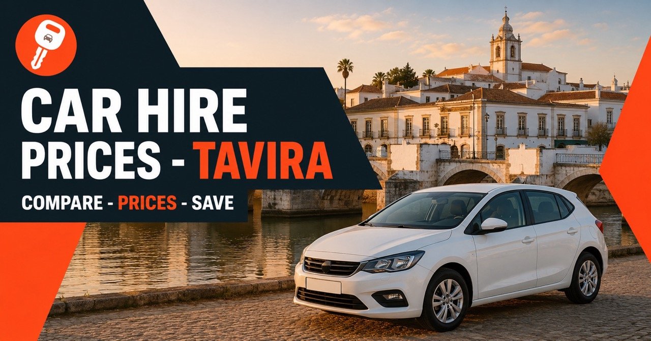 Tavira car hire price comparison — Roman bridge in Tavira with a white rental car and orange car-key icon