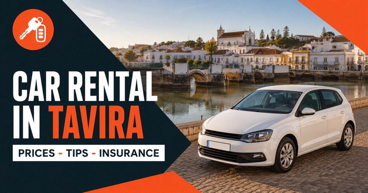 Tavira car rental reviews — Roman bridge in Tavira with a white rental car and orange car-key icon