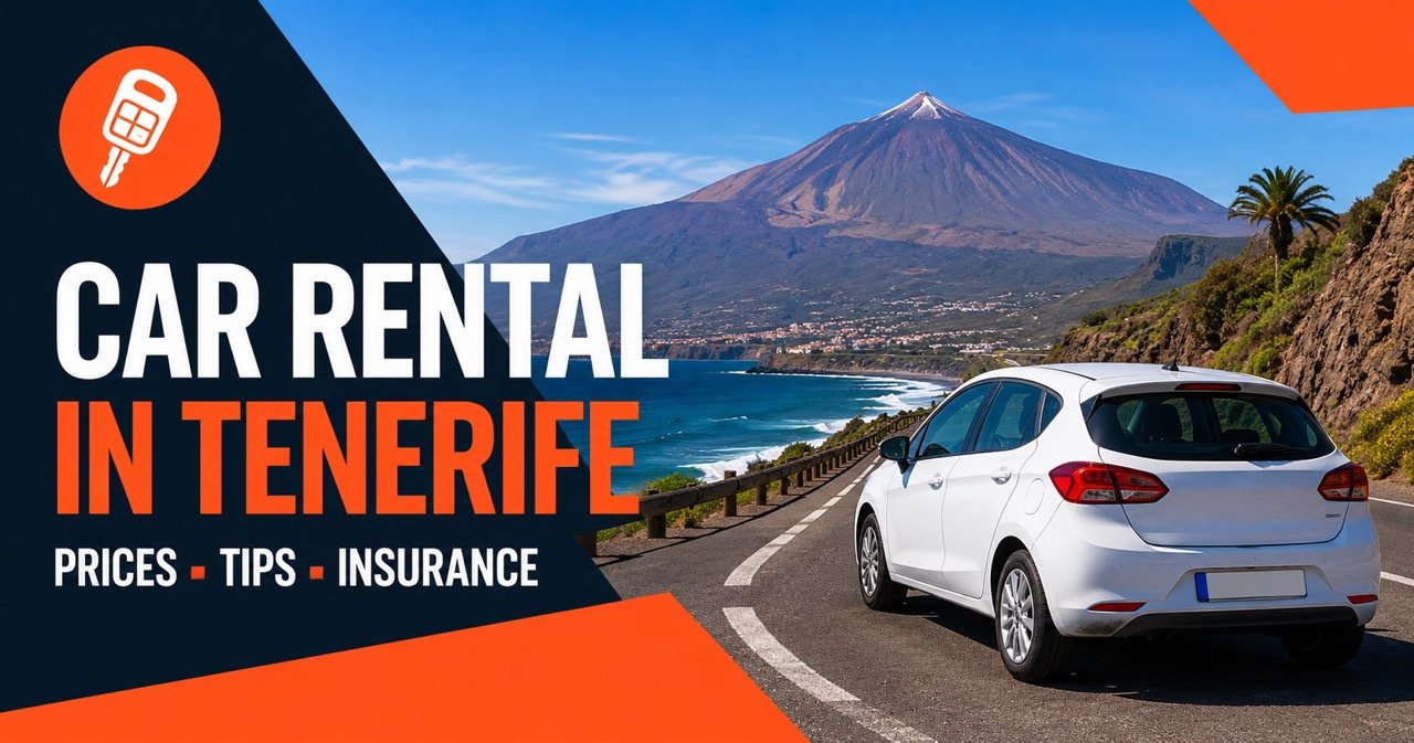 Car rental in Tenerife — Mount Teide and coast with a white rental car and orange car-key icon