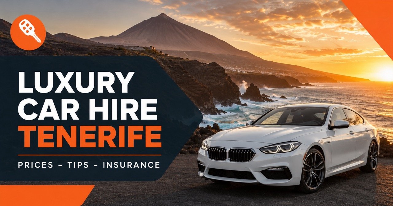 Luxury car hire in Tenerife — Teide volcano coastline with premium white sedan at sunset