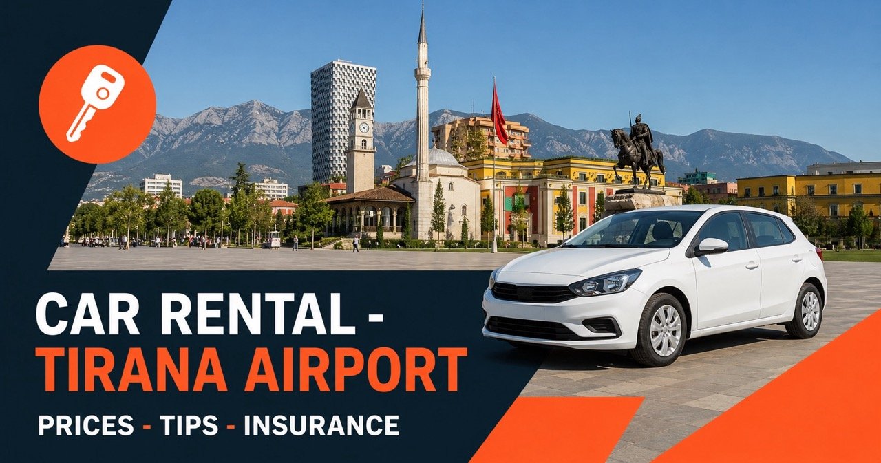 Car rental at Tirana Airport — Skanderbeg Square in Tirana with a white rental car and orange car-key icon