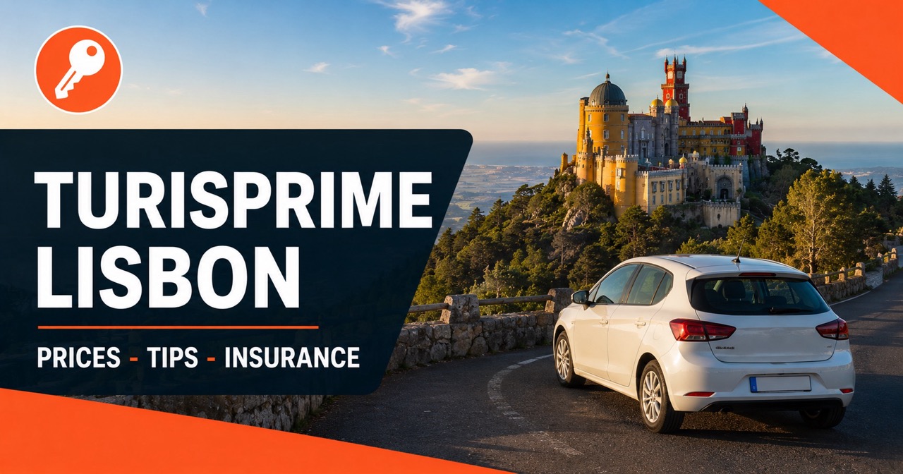 Turisprime in Lisbon — Pena Palace silhouette near Sintra with white rental car