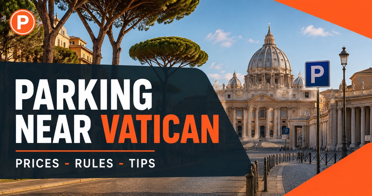 Parking near the Vatican — St Peter’s Basilica dome with blue P parking sign