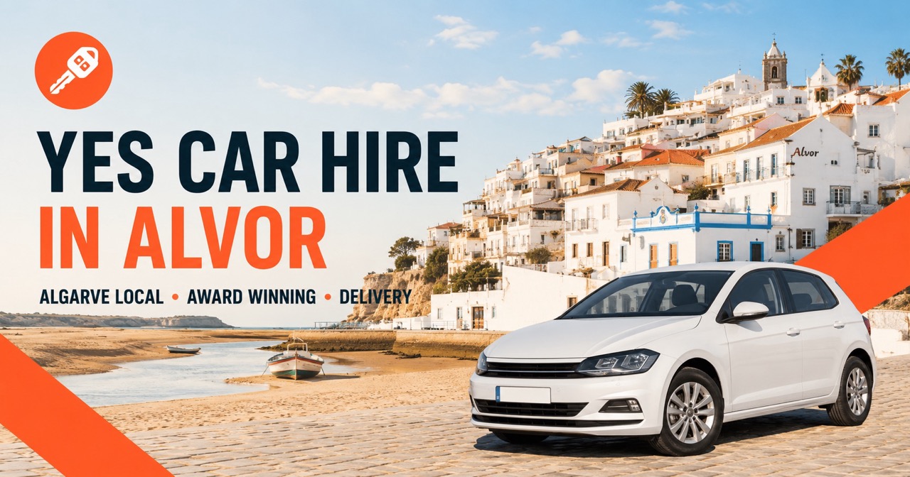 Yes Car Hire in Alvor Algarve: whitewashed fishing-village houses with terracotta roofs, beach foreground and a white rental car