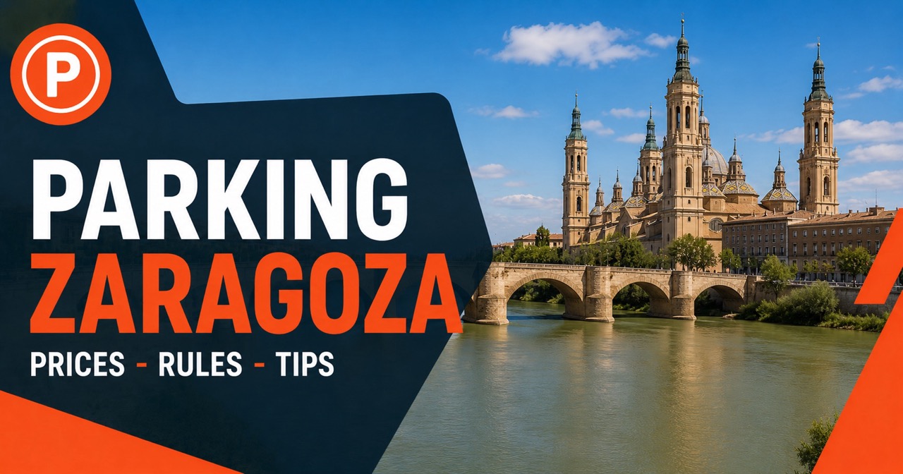 Parking in Zaragoza — Basilica del Pilar towers, Ebro river with blue P parking sign