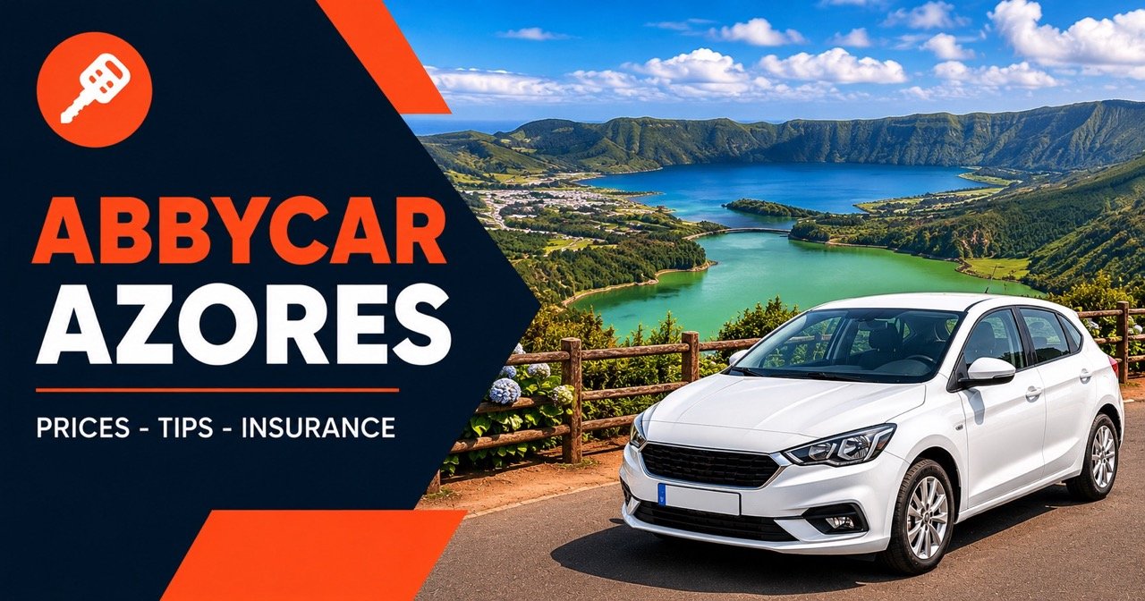 ABBYCAR AZORES — Azores Sao Miguel, white car and orange car-key icon