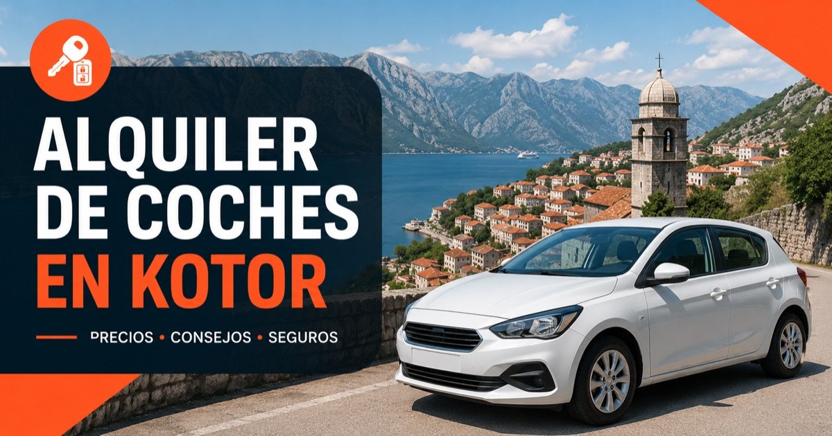Alquiler de coches en Kotor — bahia tipo fiordo con casco antiguo y montanas, con un coche blanco y un icono naranja de llave