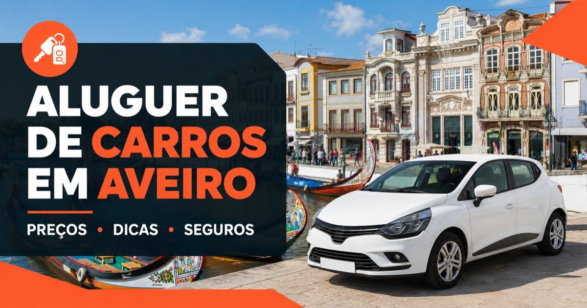 Aluguer de carros em Aveiro — canais com barcos moliceiros, com um carro branco e icone laranja de chave