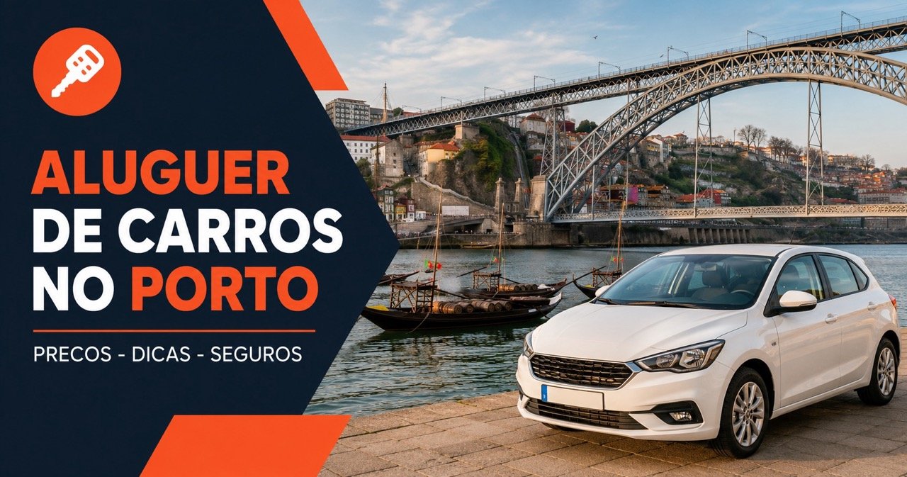 ALUGUER DE CARROS NO PORTO — Porto, white car and orange car-key icon