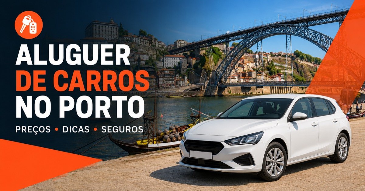 Aluguer de carros no Porto - Ribeira e ponte Dom Luis, com um carro branco e icone laranja de chave