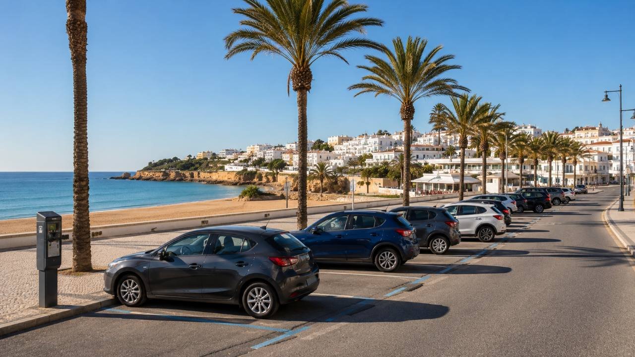 aparcamiento quarteira paseo Aparcamiento regulado junto al paseo marítimo con palmeras en Quarteira, Algarve