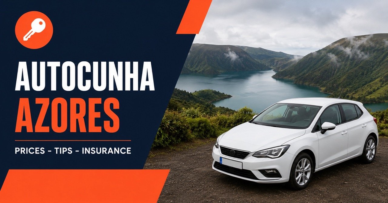 AUTOCUNHA AZORES — Azores Sao Miguel, white car and orange car-key icon
