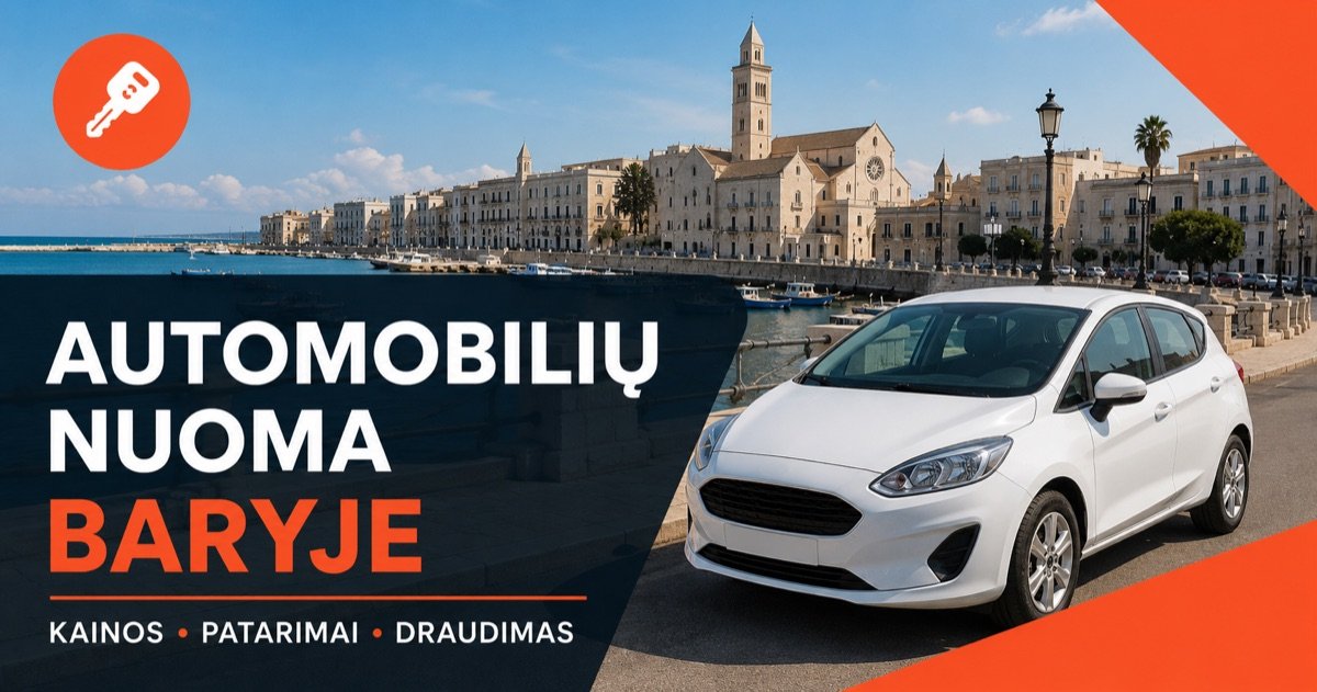 Automobiliu nuoma Bario oro uoste — senamiestis ir pajurio bazilika, su baltu automobiliu ir oranzine rakto ikona