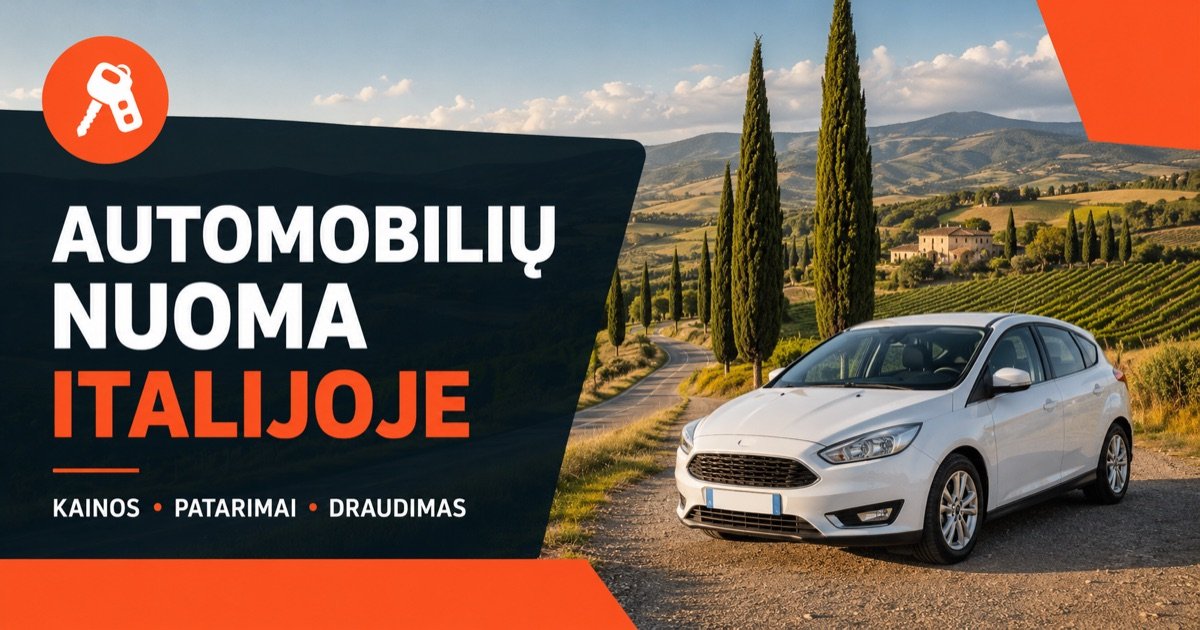 Automobiliu nuoma Italijoje — Toskanos kalvos su kiparisais ir keliu, su baltu automobiliu ir oranzine rakto ikona