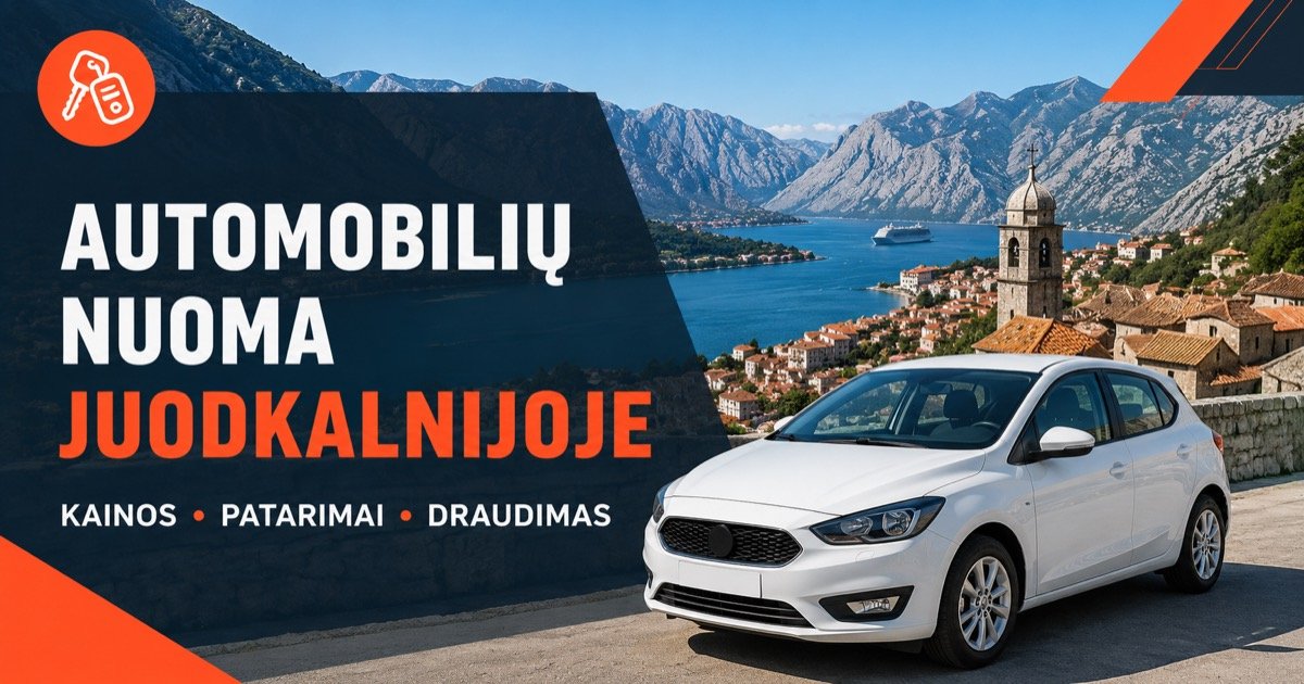 Automobiliu nuoma Juodkalnijoje — Kotoro ilanka su senamiesciu ir kalnais, su baltu automobiliu ir oranzine rakto ikona