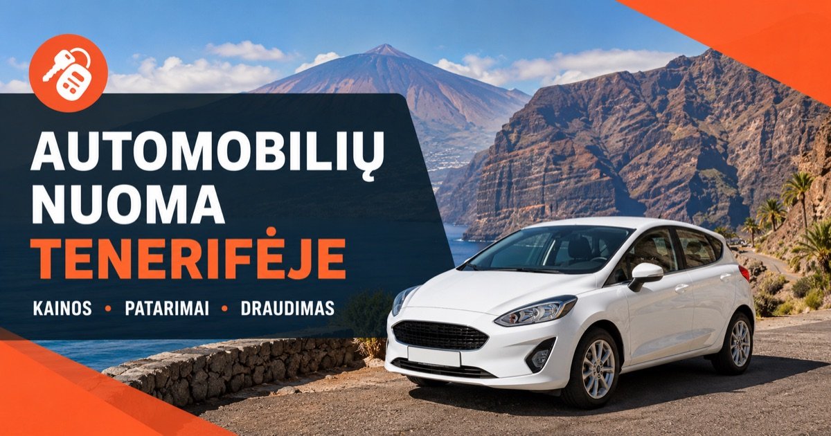 Automobiliu nuoma Tenerifes oro uoste — Teide ugnikalnis ir Los Gigantes uolos, su baltu automobiliu ir oranzine rakto ikona