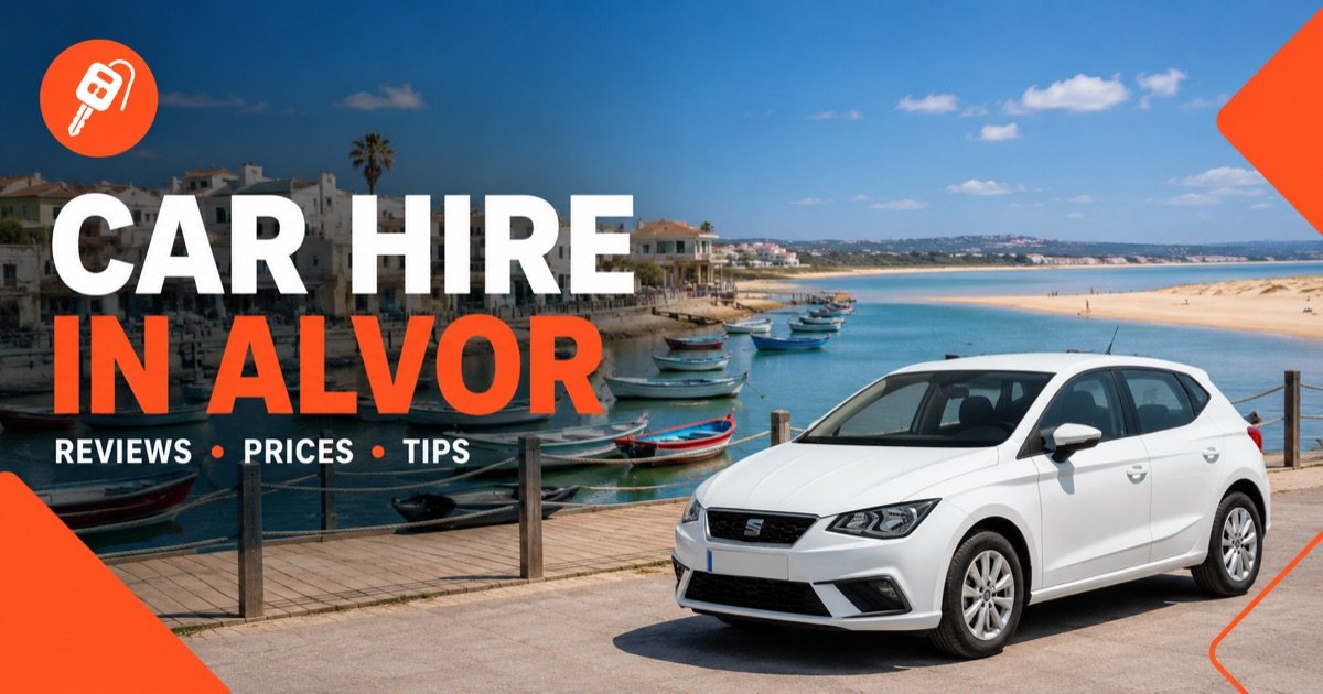 Car Hire In Alvor - local scene with a white rental car and an orange car-key icon