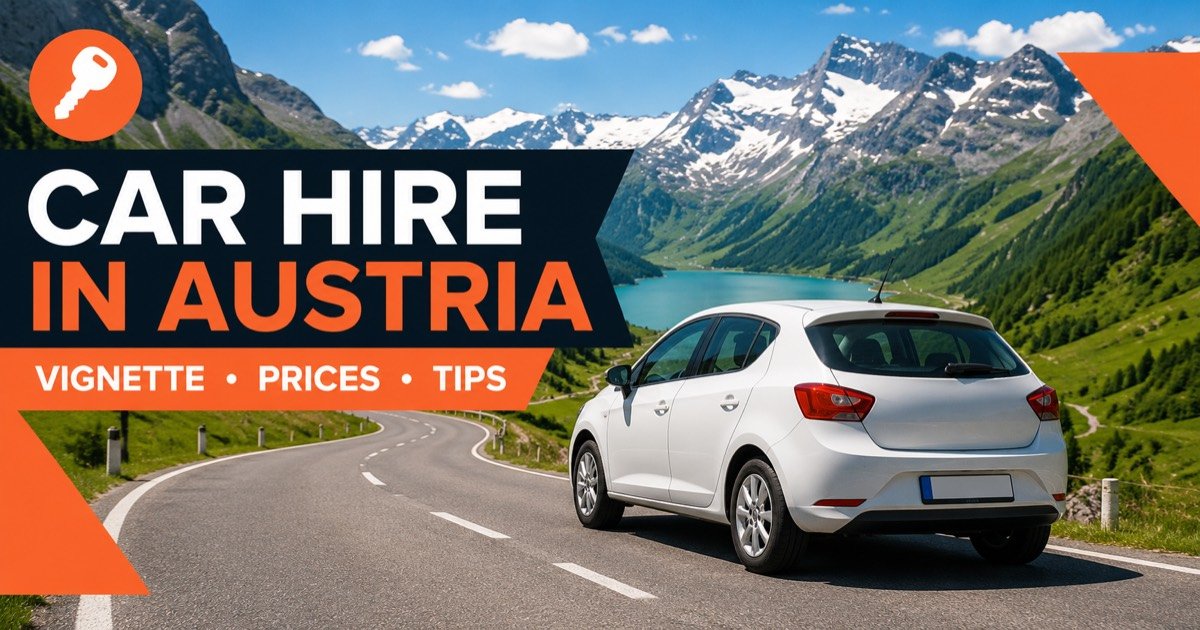 Car Hire In Austria - local scene with a white rental car and an orange car-key icon