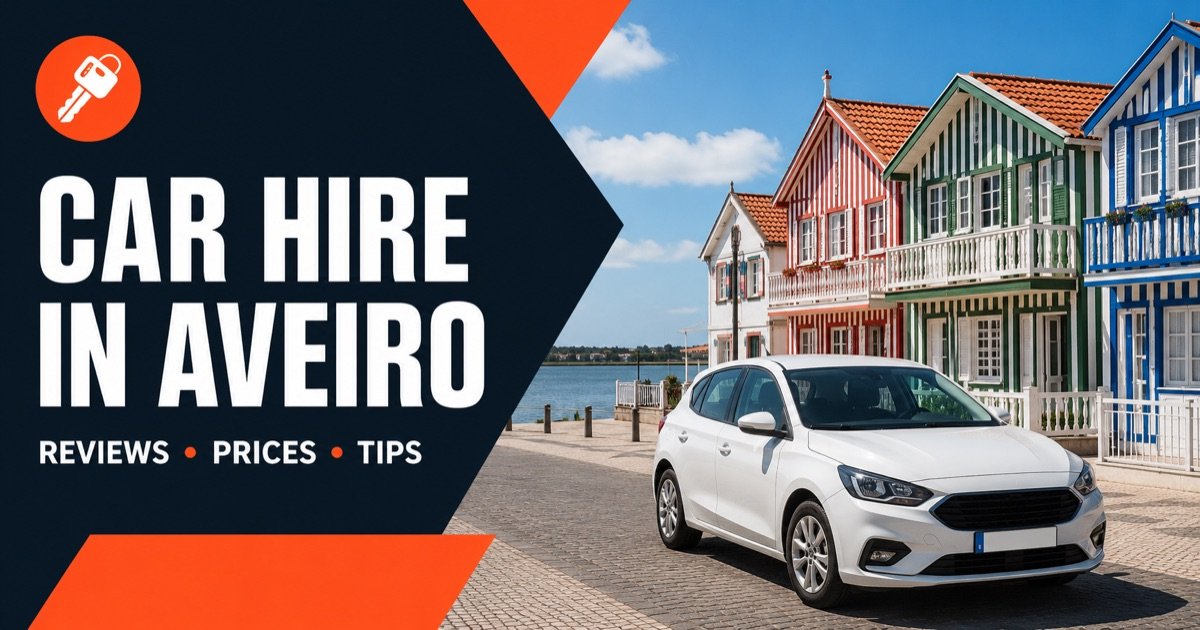 Car Hire In Aveiro - local scene with a white rental car and an orange car-key icon