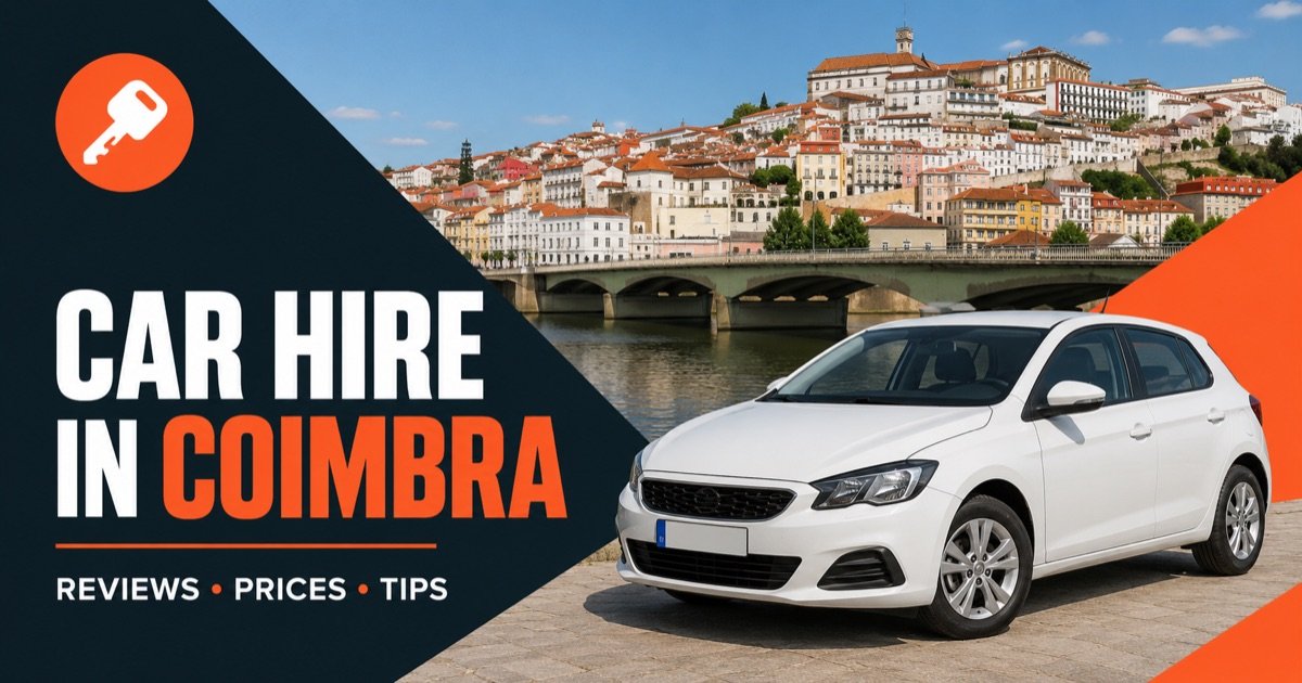 Car Hire In Coimbra - local scene with a white rental car and an orange car-key icon