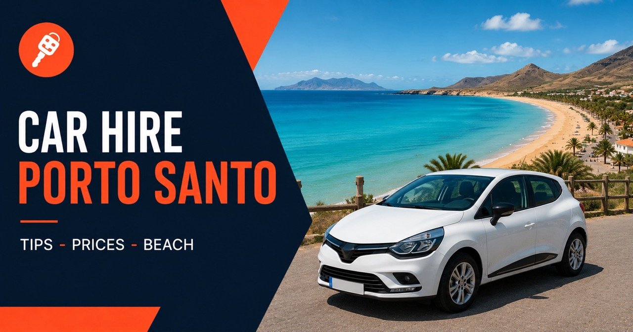 CAR HIRE PORTO SANTO — Porto Santo island, white car and orange car-key icon
