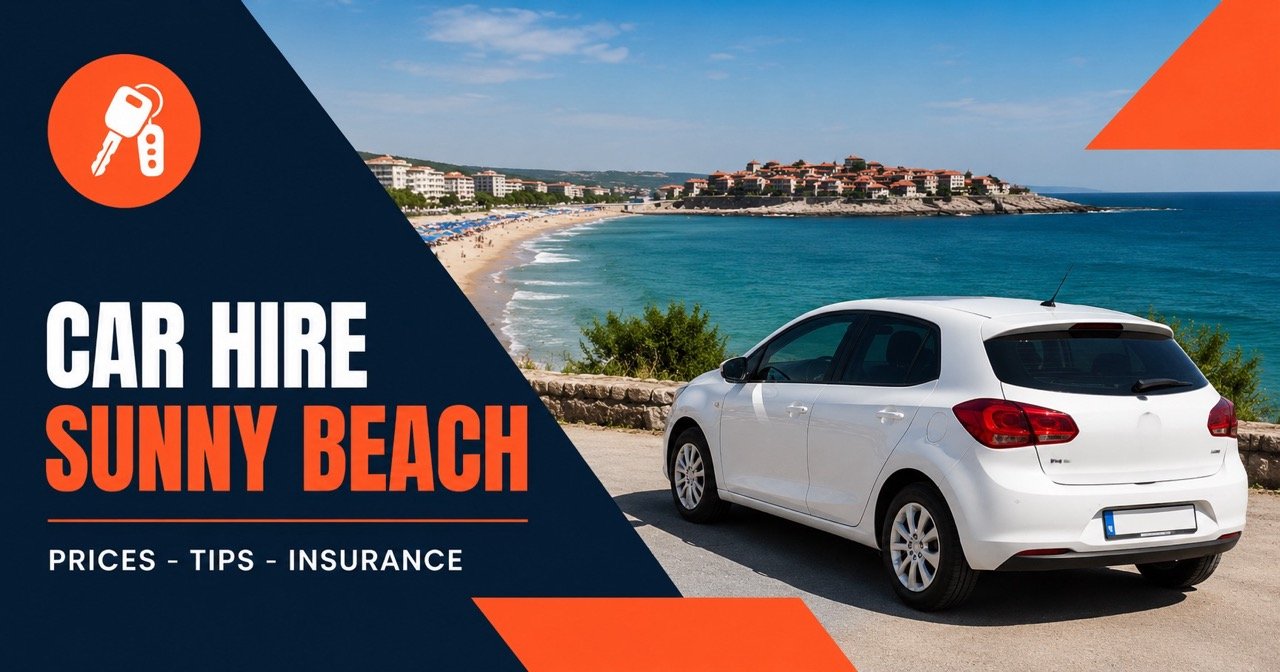 CAR HIRE SUNNY BEACH — Sunny Beach Bulgaria, white car and orange car-key icon