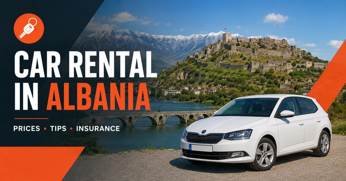 Car rental in Albania — local scene with a white rental car and an orange car-key icon
