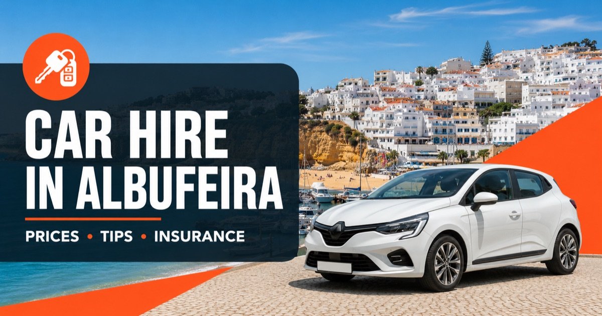 Car hire for Albufeira via Faro airport — old town above the marina and beach, with a white rental car and an orange car-key icon