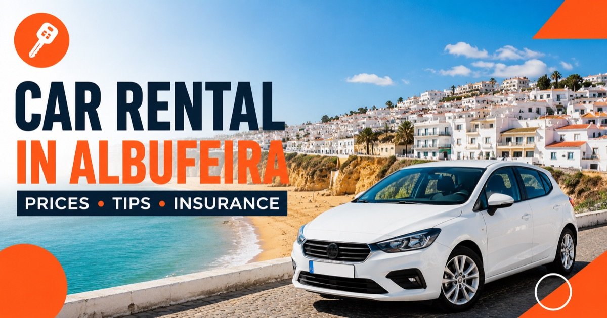 Car rental in Albufeira — local scene with a white rental car and an orange car-key icon