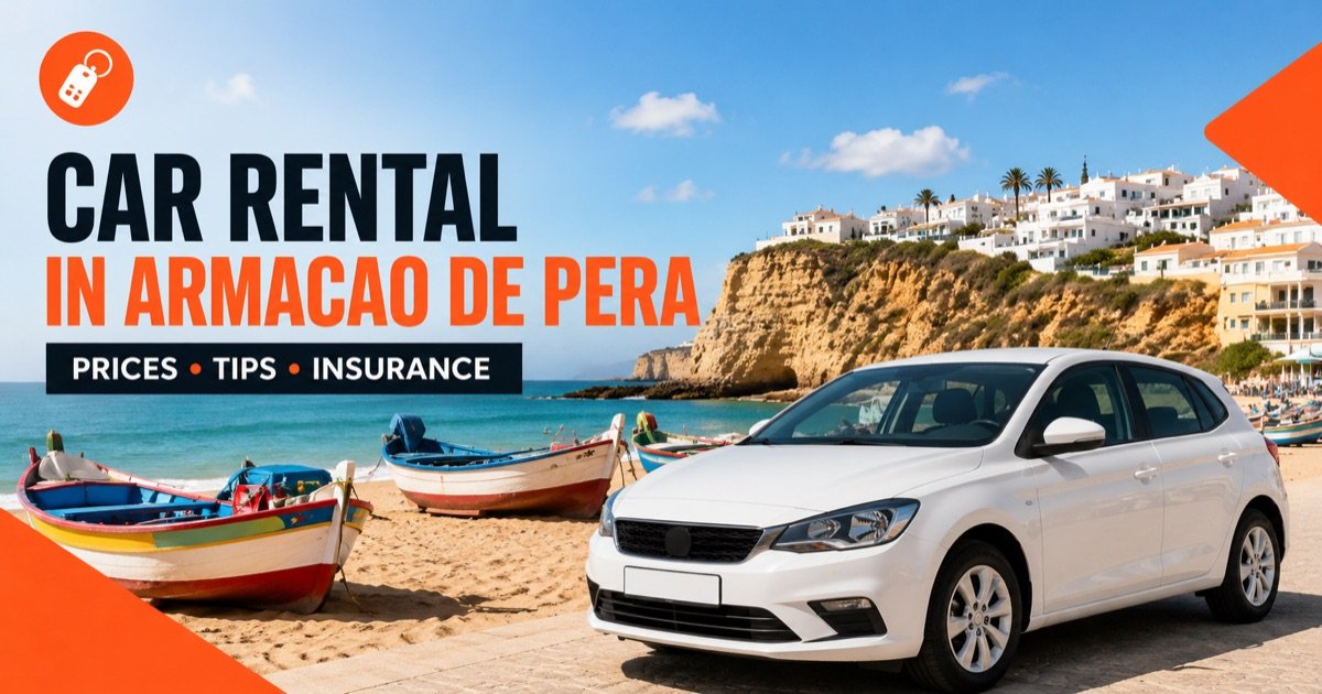 Car rental in Armacao de Pera — local scene with a white rental car and an orange car-key icon