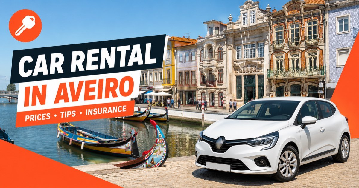 Car Rental In Aveiro - local scene with a white rental car and an orange car-key icon