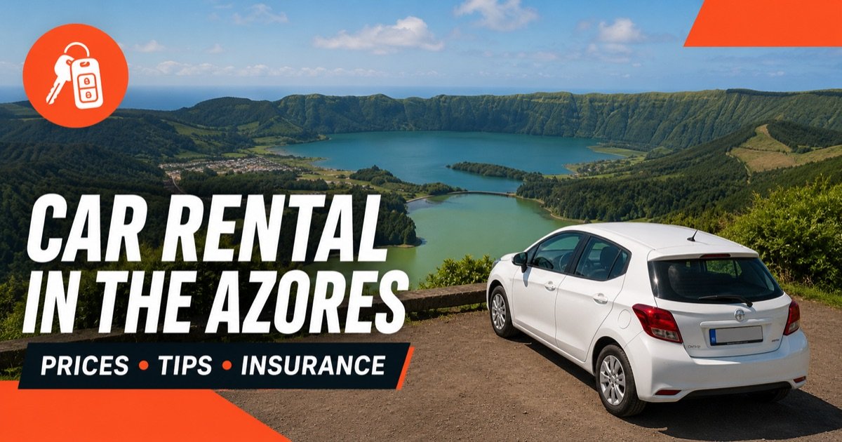 Car Rental In The Azores - local scene with a white rental car and an orange car-key icon