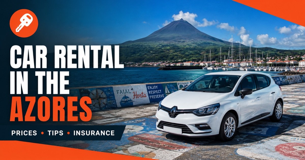 Car rental in Faial, Azores — local scene with a white rental car and an orange car-key icon