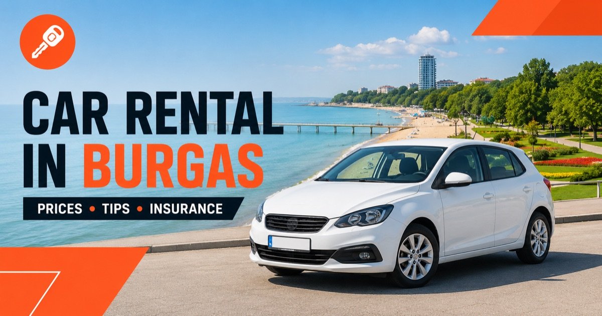 Car rental in Burgas — local scene with a white rental car and an orange car-key icon