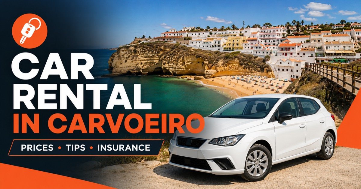 Car rental in Carvoeiro — local scene with a white rental car and an orange car-key icon