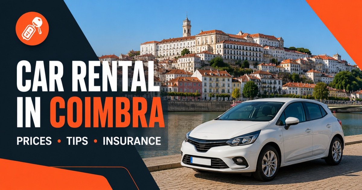 Car Rental In Coimbra - local scene with a white rental car and an orange car-key icon