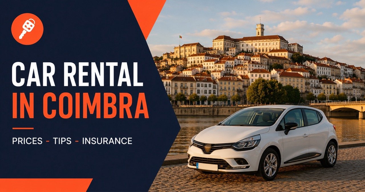 CAR RENTAL IN COIMBRA — Coimbra, white car and orange car-key icon