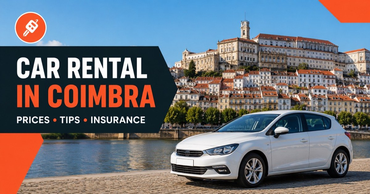 Car rental in Coimbra — local scene with a white rental car and an orange car-key icon