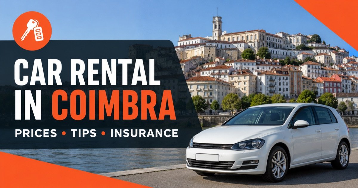 Sadorent car hire in Coimbra — hilltop university above the Mondego river, with a white rental car and an orange car-key icon