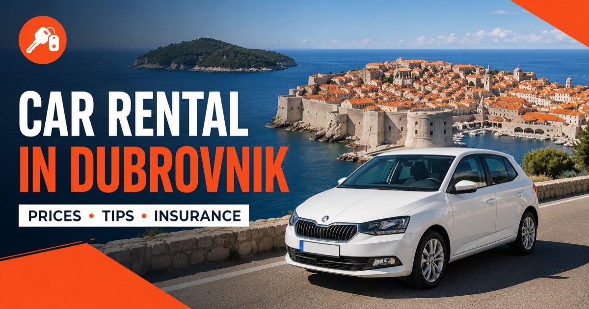 Car Rental In Dubrovnik - local scene with a white rental car and an orange car-key icon