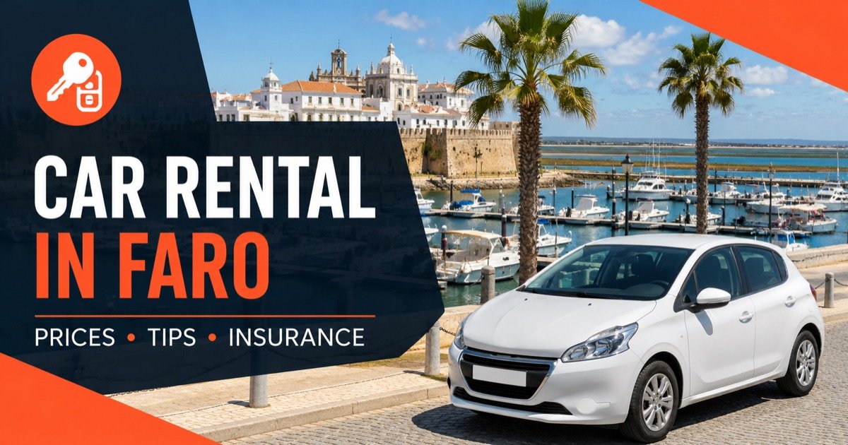 Alamo car hire in Faro — marina, old town walls and Ria Formosa, with a white rental car and an orange car-key icon